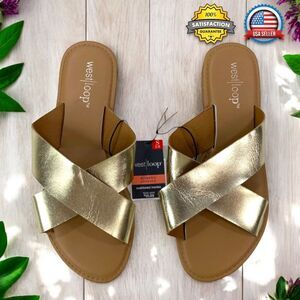 WOMEN'S SMALL (5/6) Metallic Gold Casual Flat Crossover Slide Sandals Cushioned